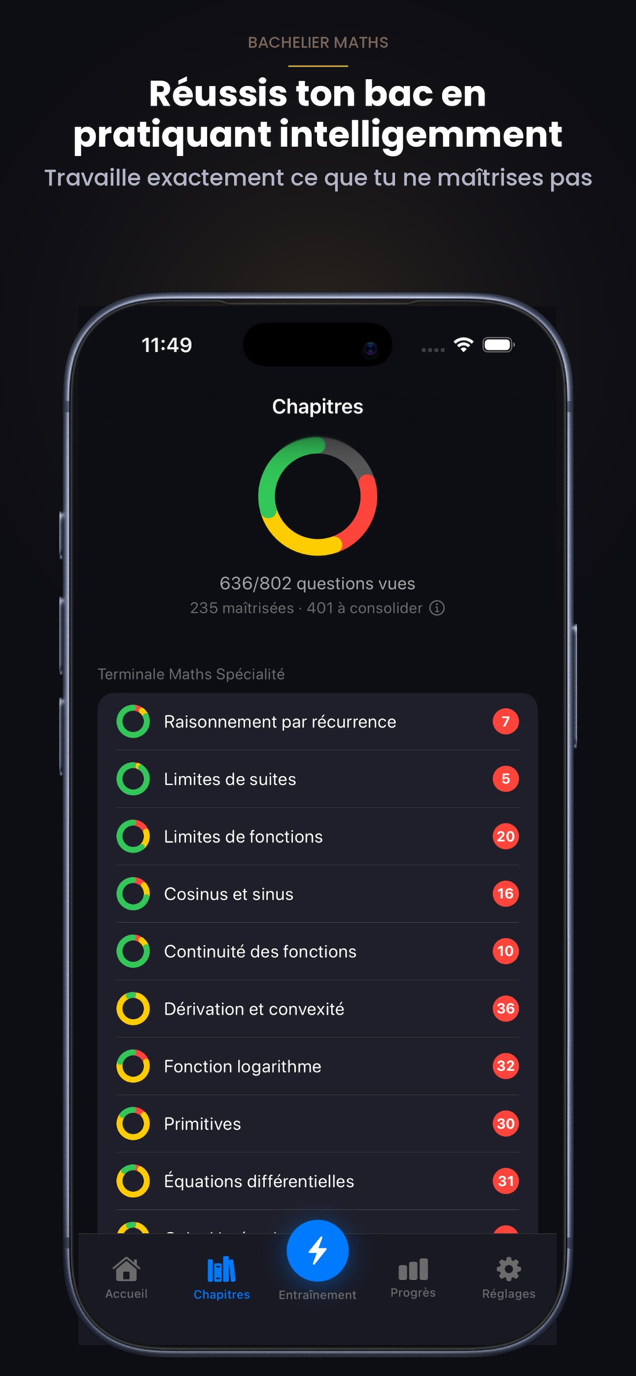 Capture Bachelier Maths 1 — écran d’accueil et objectif quotidien